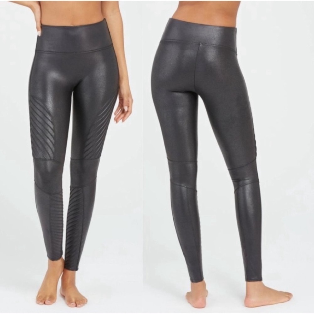 SPANX Faux Leather Moto Leggings Black Women's Size Large Fitted High Rise